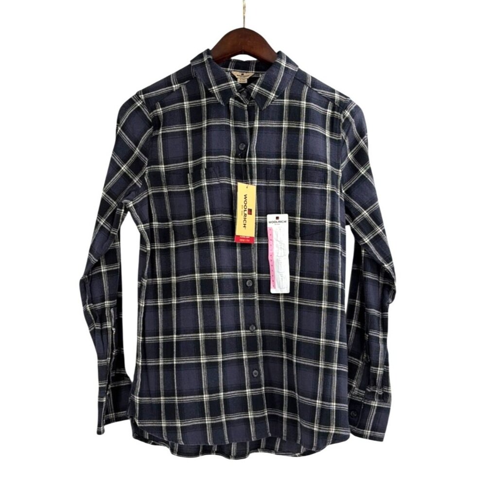 NWT Woolrich Womens Small Flannel Plaid Shirt Super Soft Button Down Navy White